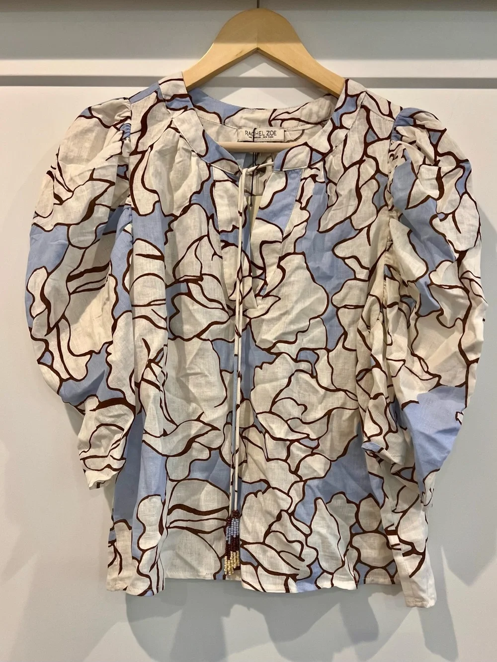 Rachel Zoe Linen Blend Floral Print Peasant Blouse Blue Cream Puff Sleeve Chic M - Picture 2 of 8
